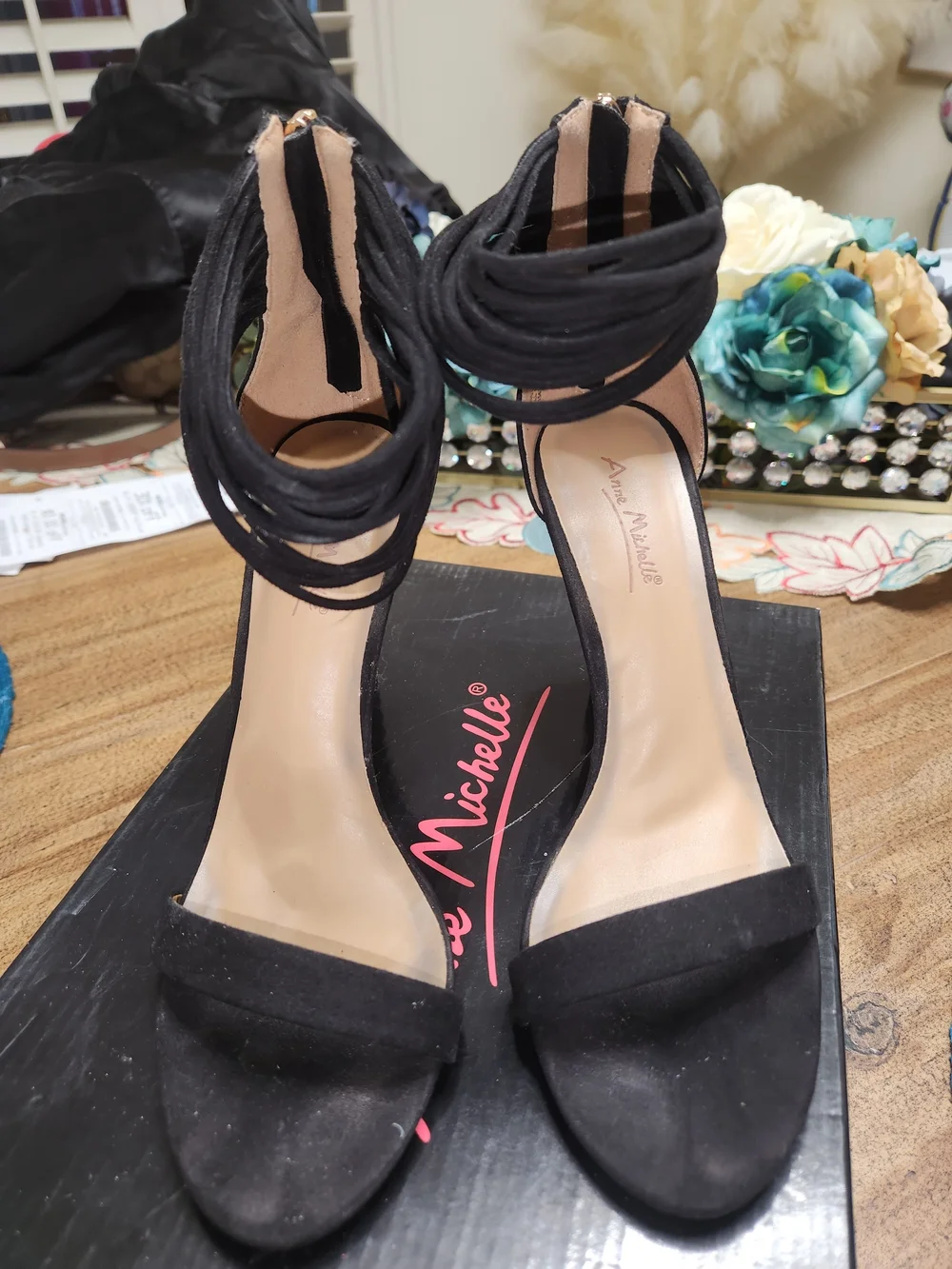Anne Michelle Black Suede Ankle-Wrap Heeled Sandals